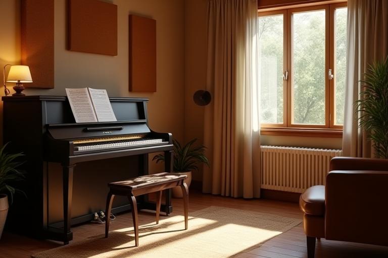Interior view of Vokal Harmonie's welcoming singing studio with a piano.