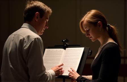 Singer practicing sheet music with a coach for an audition.