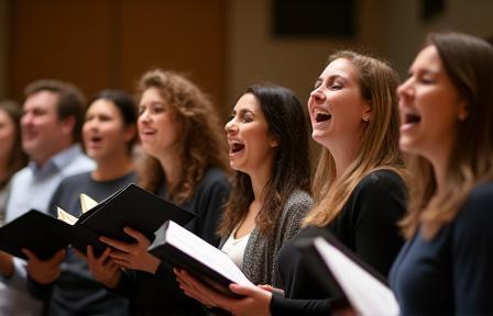 Diverse group of people singing together joyfully in a choir setting.