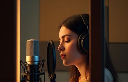 Singer recording in a professional studio booth with headphones.