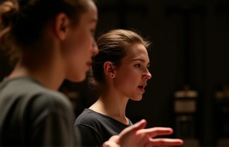 Vocal coach working intensely with a student on interpretation.